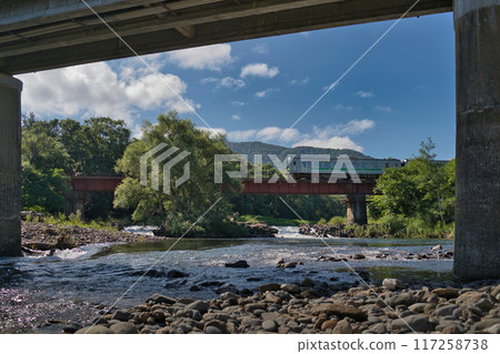 A local train crossing a railway bridge in summer 1 A local train crossing a railway bridge in summer 1 117258738