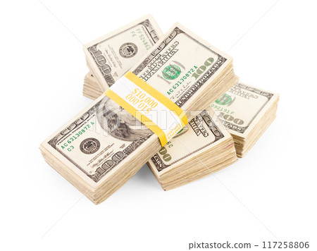 Ten Thousand Dollar Stacks of One Hundred Dollar Bills Isolated on White. 117258806