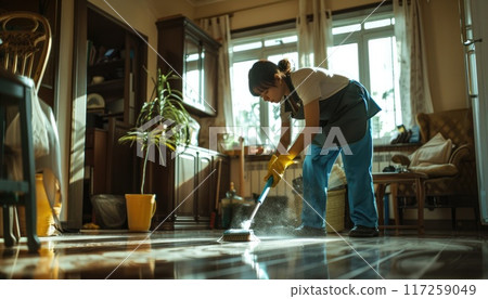 A woman is cleaning a floor with a mop by AI generated image 117259049