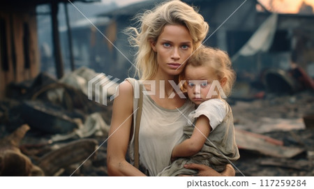 Heartwarming Image of a Mother Embracing Her Baby Amidst the Devastation of a War-Torn City Heartwarming Image of a Mother Embracing Her Baby Amidst the Devastation of a War-Torn City 117259284