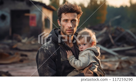 Brave Soldier Rescuing Distressed Child in Devastated Village Amidst Chaos 117259290