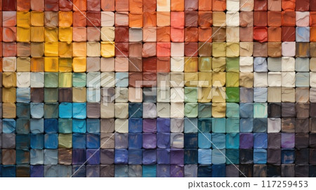 Colorful abstract mosaic of squares in blue, purple, and red hues 117259453