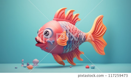 Cheerful cartoon fish mascot character with bubbles on blue background 117259473