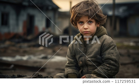 Young boy standing in the ruins of his home, devastated by an airstrike, looking lost and fearful Young boy standing in the ruins of his home, devastated by an airstrike, looking lost and fearful 117259531