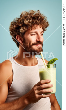 Excited man enjoying a nutritious green smoothie with celery in a vibrant studio setting 117259566