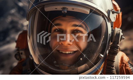 Close-up portrait of a young male astronaut in a spacesuit with his helmet on 117259594