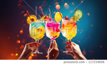 Friends hands clinking glasses with cocktails on bright background for joyful celebration. Summer vibe 117259606