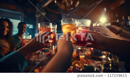 Friends hands clinking glasses with cocktails on bright background for joyful celebration. Summer vibe Friends hands clinking glasses with cocktails on bright background for joyful celebration. Summer vibe 117259615