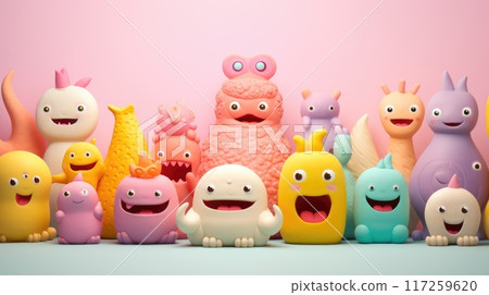 3D colorful group of cute cartoon characters on a pink background 117259620