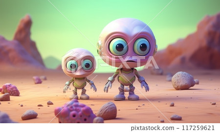 Extraterrestrial Beings Conversing on Sandy Beach Under Starlit Sky 117259621