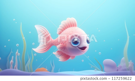 Cheerful cartoon fish mascot character with bubbles on blue background 117259622