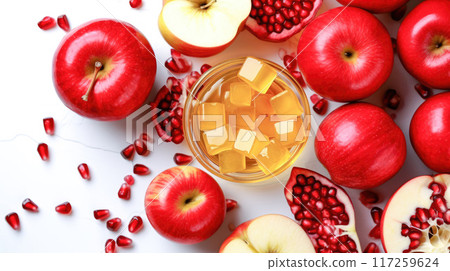 Fresh Apples and Pomegranates Arranged Beautifully on White Background for the celebration of Jewish New Year Rosh Hashanah 117259624