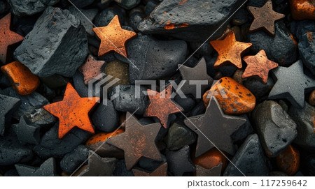 Orange Stars Scattered Among Black Pebbles, Creating a Stunning Contrast in This Abstract Background Orange Stars Scattered Among Black Pebbles, Creating a Stunning Contrast in This Abstract Background 117259642