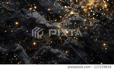 Black stone surface with glowing golden particles scattered across its surface. Black stone surface with glowing golden particles scattered across its surface. 117259658