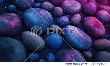 Enchanting night sky over surreal stone formations on dark sandy beach 117259662