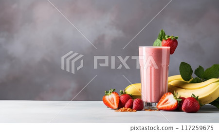 Fresh and healthy strawberry smoothie with berries and kiwi on a white table Fresh and healthy strawberry smoothie with berries and kiwi on a white table 117259675