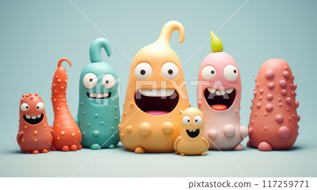 Funny and cute plasticine characters on a blue background. Isolated 3D rendering. Funny and cute plasticine characters on a blue background. Isolated 3D rendering. 117259771