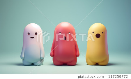 Three colorful cute cartoon characters isolated on a pastel blue background. Three colorful cute cartoon characters isolated on a pastel blue background. 117259772