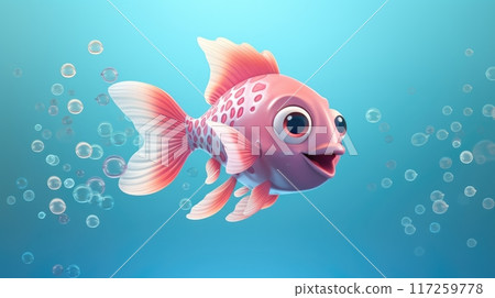 Cheerful cartoon fish mascot character with bubbles on blue background 117259778