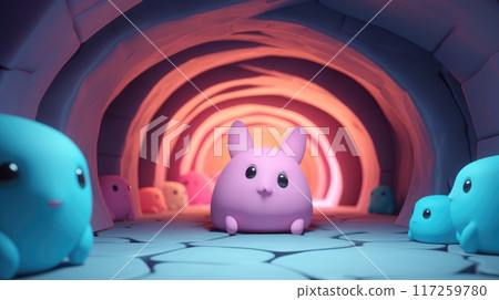 Cute 3D pink bunny in a colorful cave surrounded by round creatures 117259780
