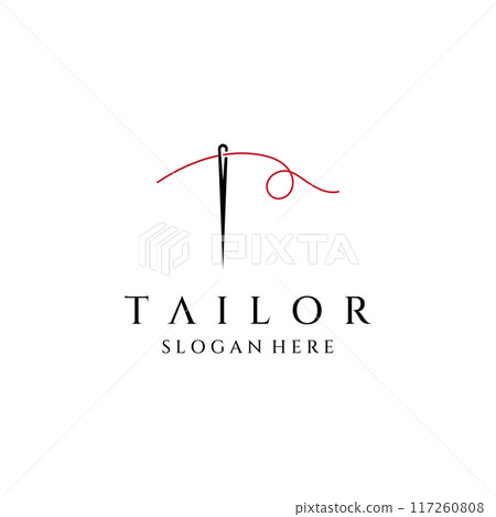 Tailor silhouette logo with needle, thread, benik and sewing machine markings. Logo design for tailors, fashion, boutiques and other clothing companies. With vector illustration design. 117260808
