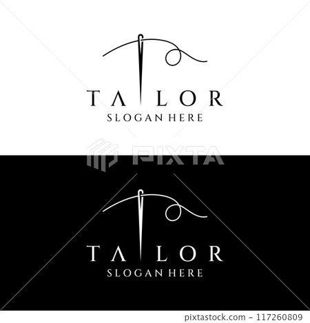 Tailor silhouette logo with needle, thread, benik and sewing machine markings. Logo design for tailors, fashion, boutiques and other clothing companies. With vector illustration design. 117260809