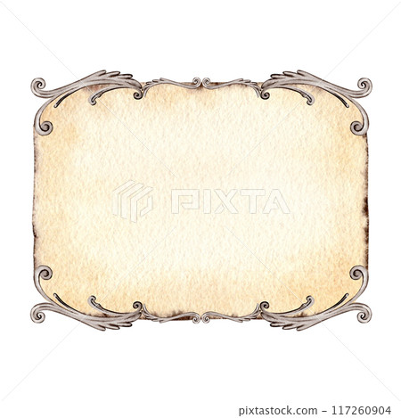 Square shaped vintage copy space template. Antique style decorated frame for your text. Hand drawn watercolor illustration on transparent background. Backdrop for postcards, title signs and designs Square shaped vintage copy space template. Antique style decorated frame for your text. Hand drawn watercolor illustration on transparent background. Backdrop for postcards, title signs and designs 117260904