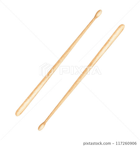 Military drum sticks. Classical music element. Watercolor illustration on transparent background. Musical percussion instrument for concert programs, flyers, theatre posters, marching band card design 117260906