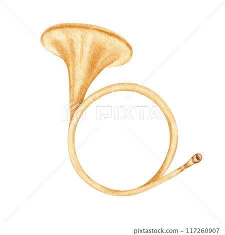 Classical french horn. Vintage brass musical instrument. Symphony orchestra music program design element. Watercolor illustration on transparent background. For concert booklets, posters and flyers 117260907