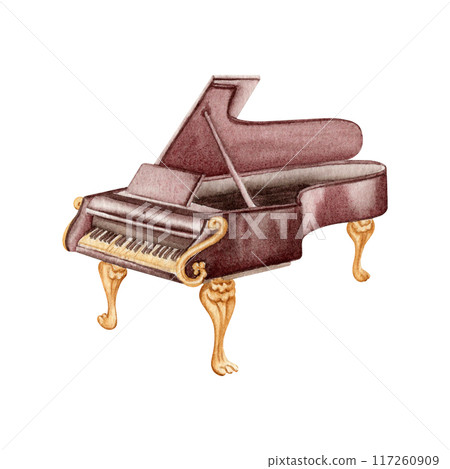 Classical Grand Piano musical instrument. Antique vintage keyboard hand drawn element for tutorial books, concert posters, sheet music or flyers. Watercolor illustration on transparent background. 117260909