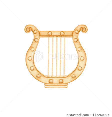 Ancient greek lyre. Antique musical instrument. Military marching band emblem. Watercolor illustration on transparent background. For theatre and play posters, ticket designs, cards, musician gifts Ancient greek lyre. Antique musical instrument. Military marching band emblem. Watercolor illustration on transparent background. For theatre and play posters, ticket designs, cards, musician gifts 117260923