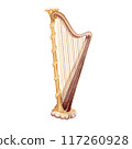 Golden harp classical music instrument. Vintage string lyre. Watercolor illustration on transparent background. For theatre and ballet posters, ticket designs, concert programs, musical themed cards 117260928