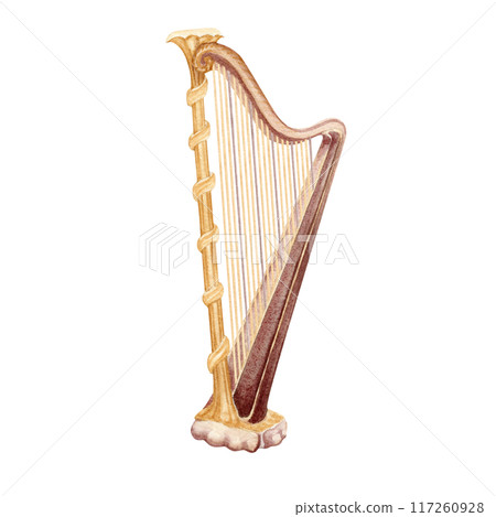 Golden harp classical music instrument. Vintage string lyre. Watercolor illustration on transparent background. For theatre and ballet posters, ticket designs, concert programs, musical themed cards Golden harp classical music instrument. Vintage string lyre. Watercolor illustration on transparent background. For theatre and ballet posters, ticket designs, concert programs, musical themed cards 117260928