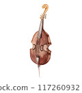 Vintage Double Bass musical instrument. Classical string viola da gamba. Hand drawn watercolor illustration on transparent background. For symphony concert posters, opera flyers, wedding cards 117260932