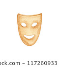 Theatrical actors comedy masks. Happy smile expression. Hand drawn watercolor illustration on transparent background. Vintage carnival logo, ticket design for theatre, musical and play performance 117260933