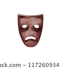 Theatrical actors tragedy mask. Sad smile expression. Hand drawn watercolor illustration on transparent background. Vintage carnival logo, ticket design for theatre, musical and play performance 117260934