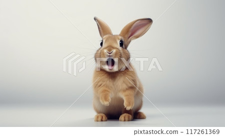 Surprised Funny Cute Bunny with Big Eyes on Light Background, Cute Animal Portrait 117261369