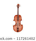 Classical Violin String Instrument. Hand drawn watercolor illustration isolated from the background. Wooden fiddle clip art. Perfect design for cards, graduation certificates, gifts for musicians  117261402