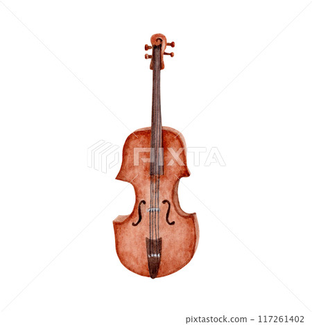 Classical Violin String Instrument. Hand drawn watercolor illustration isolated from the background. Wooden fiddle clip art. Perfect design for cards, graduation certificates, gifts for musicians  117261402