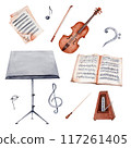 Violin, string instrument, treble clef, music stand, sheet music, rose flowers. Collection of classical music hand drawn designs. Watercolor illustration isolated on transparent background. 117261405