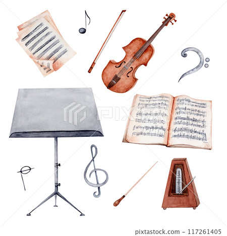 Violin, string instrument, treble clef, music stand, sheet music, rose flowers. Collection of classical music hand drawn designs. Watercolor illustration isolated on transparent background. 117261405
