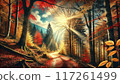 Scenery of the sun shining into a forest of autumn leaves 117261499