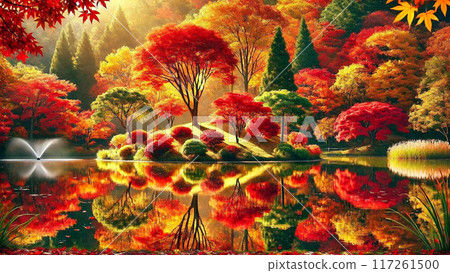 Autumn leaves reflected on the water 117261500