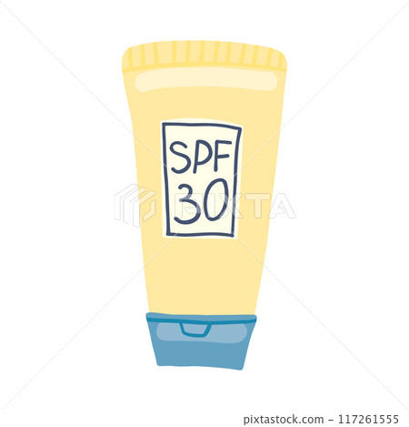 A yellow SPF 30 sunscreen tube with a blue cap, illustrated in a simple, hand-drawn style. Ideal for summer-themed designs, emphasizing sun protection and skincare 117261555
