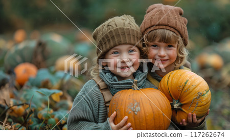 微笑的孩子收穫南瓜的 AI 圖像 117262674