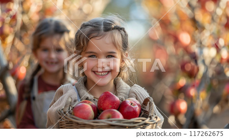 微笑的孩子採摘蘋果的 AI 圖像 微笑的孩子採摘蘋果的 AI 圖像 117262675