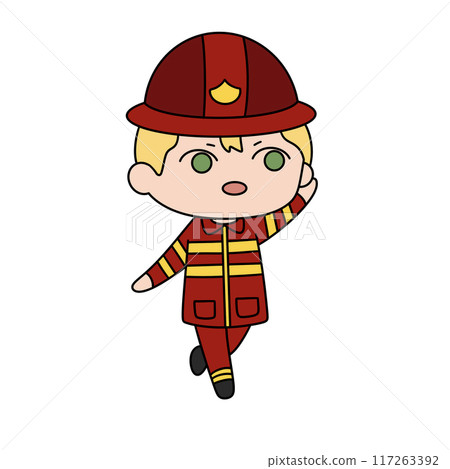 A cartoonish drawing of a firefighter with a red helmet and red A cartoonish drawing of a firefighter with a red helmet and red 117263392