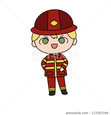 A cartoonish drawing of a young man in a red and yellow fireman's uniform A cartoonish drawing of a young man in a red and yellow fireman's uniform 117263394