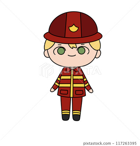 A cartoonish drawing of a young man in a red and yellow fireman's uniform 117263395