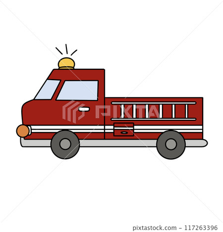 A red fire truck with a siren on top and a ladder on the back 117263396